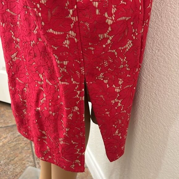 Taylor Elegant Red Floral Lace Dress Scoop Neck Short Sleeve Midi Size 14 New - Picture 11 of 14